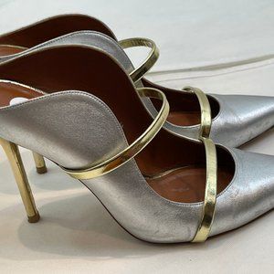 Malone Souliers Womens Sliver Metallic Pointed Toe Slip On Gold Mule Heels Sz 9